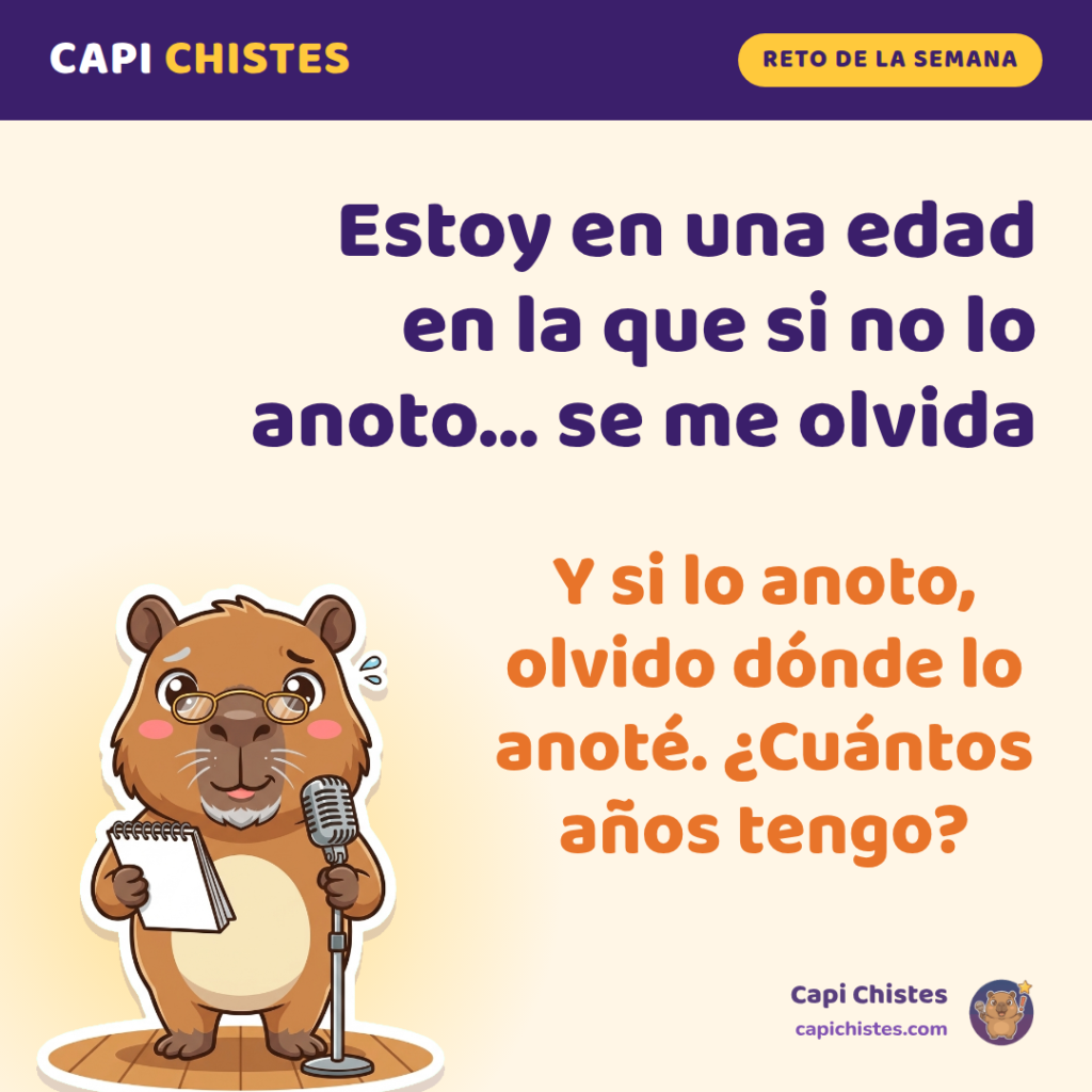 Capi como capibara anciano con lentes mira una libreta en blanco confundido en el escenario.